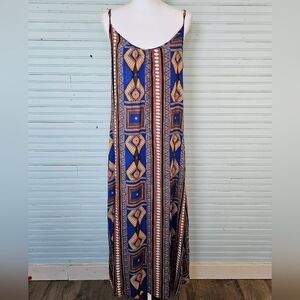 Tysa Anthropolgie Blue Gold  Geometric Pattern Maxi Sleeveless Slip Dress Size 2
